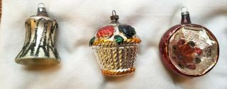 Bell,  Flower Basket,  Indent.  Three Glass West German Christmas Ornaments