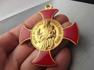 Big 2.  8 " Antique French Bronze Enamel Cross Virgin & Child Medal Signed Tschudin