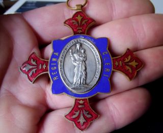 Large Antique French Bronze Enamel Cross Pendant Religious Medal Signed Penin