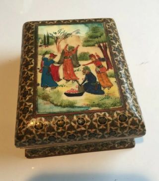 Gorgeous Vintage Hand Painted Persian Khatam Inlaid Marquetry Box With Lid