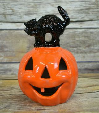 Vintage Halloween Pumpkin Jack O Lantern Ceramic Votive Candle Holder Black Cat