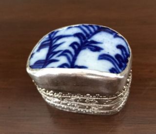 Vintage Victorian Style Silver Repousse Snuff Pill Box Blue Porcelain Lid