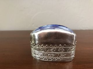 Vintage Victorian Style Silver Repousse Snuff Pill Box Blue Porcelain Lid 2
