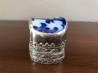 Vintage Victorian Style Silver Repousse Snuff Pill Box Blue Porcelain Lid 3