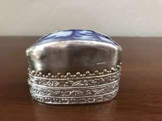 Vintage Victorian Style Silver Repousse Snuff Pill Box Blue Porcelain Lid 4