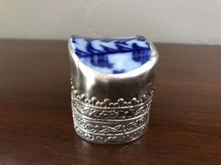 Vintage Victorian Style Silver Repousse Snuff Pill Box Blue Porcelain Lid 5