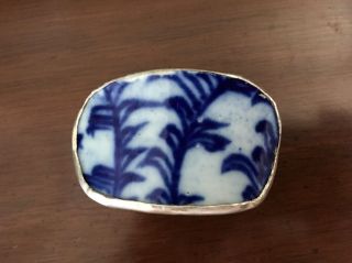 Vintage Victorian Style Silver Repousse Snuff Pill Box Blue Porcelain Lid 6