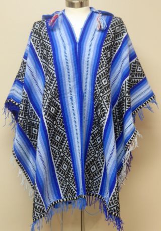 Shamans Hooded Blue Poncho - Peruvian - Andean Mountain Textile