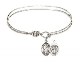 Silver Tone Bangle Bracelet With Saint Benedict Charm,  7 1/4 Inch