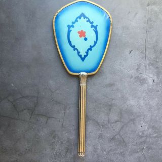 Vintage Antique Hand Held Mirror Gold With Scandinavian Design In Blue And Red