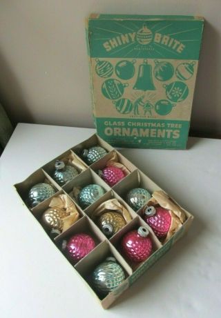 Vintage Box Of 12 Shiny Brite Ornaments Indent Diamond Bumpy Pinks Blues