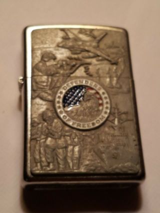 Vtg Zippo Lighter Embossed Army,  Air Force,  Marines " Defenders Of Freedom " Military