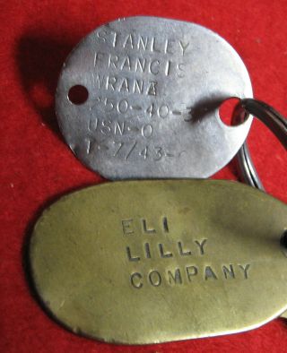 Org.  Ww 2 Us Navy Dog Tag & Eli Lilly Co.  Pipe Shop Tag Solid Brass