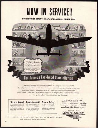1946 Vintage Print Ad Lockheed Constellation American Pan American Twa
