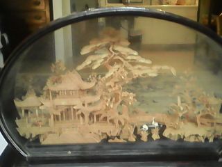 Vintage Chinese Carved Cork Diorama Glass Display Wood Box Pagoda Stork Japanese