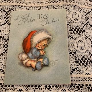 Vintage Greeting Card Christmas Baby 1st Kid Santa Hat M Cooper