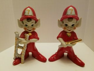 Rare Vtg Japan Christmas Fireman Elf Pixie Figurine Set