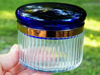 Vintage Cobalt Blue Glass Powder Box Jar With Lid Clear Base