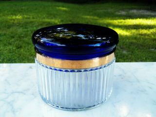 vintage Cobalt Blue Glass POWDER BOX Jar with Lid Clear Base 6