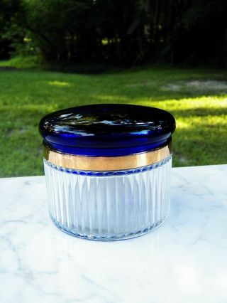 vintage Cobalt Blue Glass POWDER BOX Jar with Lid Clear Base 7