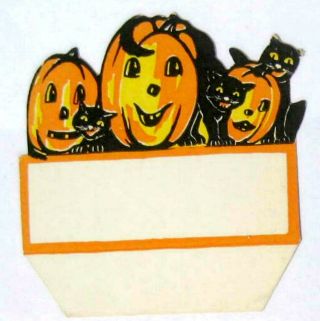 Ca 1930 Halloween Place Card Whitney Diecut Expressive Cats & Jack O 