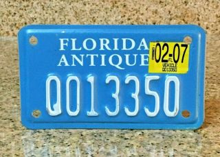 Florida Fla.  Antique Motorcycle License Plate Tag Q013350 Blue & White
