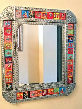 Mexican Punched Tin Mirror Tile Talavera Catrina Day Of The Dead X Large