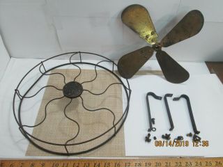 Antique Ge 12 " Brass Blade Fan With Metal Cage And Brackets With Brass Screws