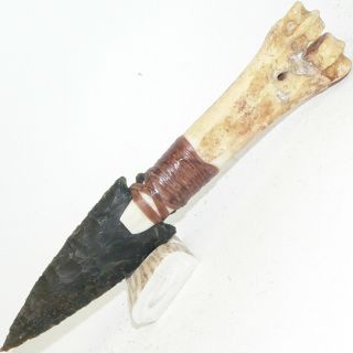 Medium Flint Knapped Agate Knife W/ Stone Arrowhead Blade Deer Leg Bone Handle