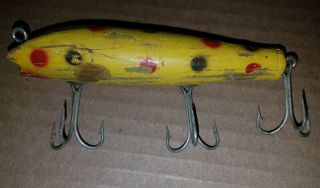 Vintage Wood Fishing Lure Yellow With Spots 3 Hooks