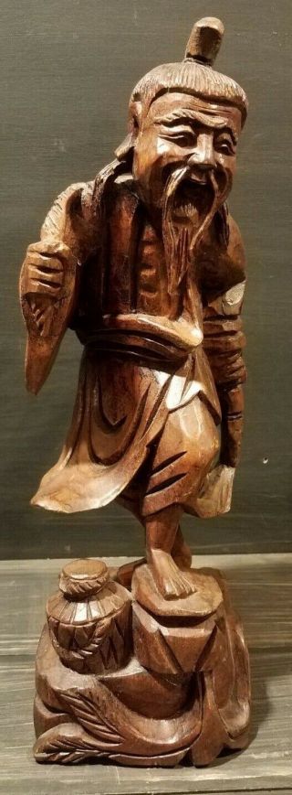 Oriental Vintage Estate Found Fisherman Wooden Carved Decorative Statue Asian