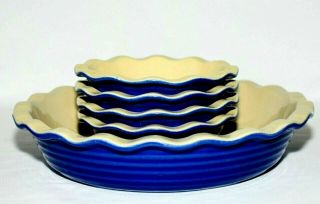Emile Henry Blue 10 - 1/4 " Deep Dish Pie Plate & 4 Matching Individual Pie Plates
