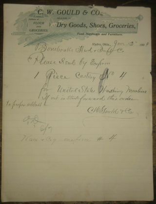1904 Letterhead Hydro Oklahoma Territory Cw Gould Dry Goods Shoes Groceries