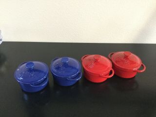 4 Fiesta Ware Cast Iron Mini Casserole Pots Cobalt Blue & Scarlet Red
