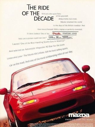 1996 Mazda Miata Mx - 5 Ride Of Decade - Advertisement Print Art Car Ad J557