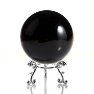 Black Crystal Ball Sphere 80mm 3 " With Silver Flower Stand In Gift Box