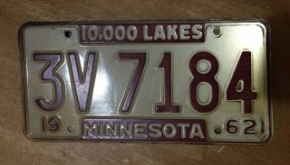 1962 Minnesota Vehicle License Plate - Mn - Vintage - Tag -