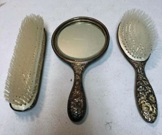Vintage Silver Plate 3 Piece Vanity Set - Clothes Brush,  Mirror,  & Hair Brush