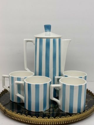 Royal Sealey Vtg Tea Pot Japan Mugs White Blue Stripe 50s 60s Mcm Retro 5 Piece