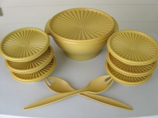 Tupperware Vintage Gold Servalier Salad 16pc Set;10 " Bowl,  6 Bowls,  Lids & 2forks