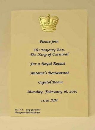 Rex 2015 Royal Repast Invitation Orleans Mardi Gras Krewe Favor St4001