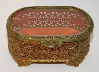 Vtg.  Ormolu Filigree Beveled Glass Oval Footed Jewelry Trinket Box