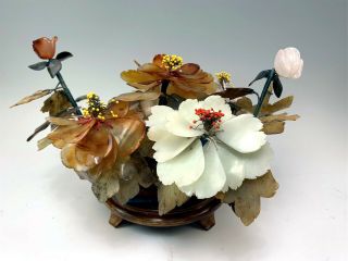 Low Profile Chinese Jade Tree On Stand Carnelian,  Rose Quartz,  Jade Flowers