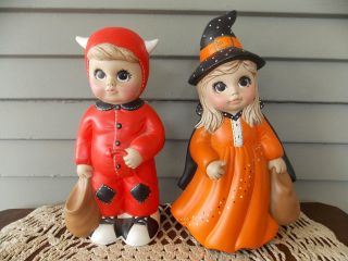 2 Piece Vintage Ceramic Girl Witch,  Boy Devil Trick Or Treat Halloween Decor