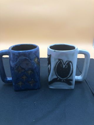 Set Of 2 Design By Mara Coffee Mugs Owl Family And Moon & Stars Made In Mexico