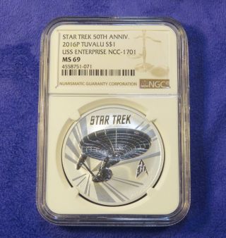 2016 Star Trek Uss Enterprise Tuvalu 50th Anniversary.  999 Silver Coin Ngc Ms69