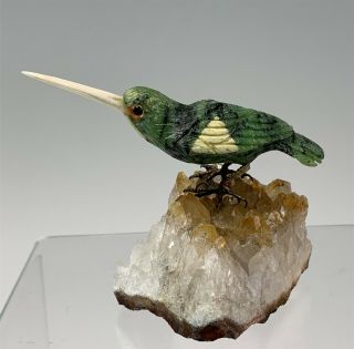 Brazilian Hand Carved Zoisite Hummingbird On Calcite Crystal Base