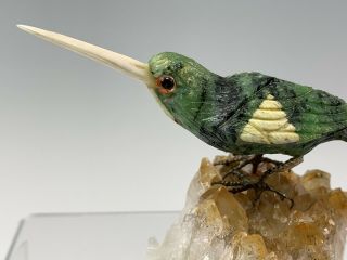 Brazilian Hand Carved Zoisite Hummingbird on Calcite Crystal Base 2