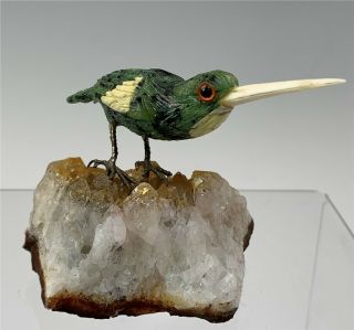 Brazilian Hand Carved Zoisite Hummingbird on Calcite Crystal Base 4