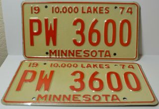 Pair Vintage 1974 Minnesota License Plate Pw 3600 10,  000 Lakes Set Of 2